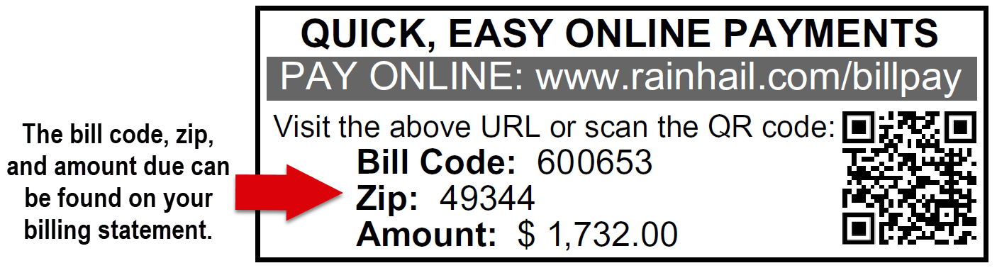 The bill code, zip, and amount due can be found on your billing statement.